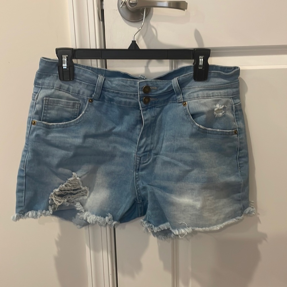 Distressed denim shorts